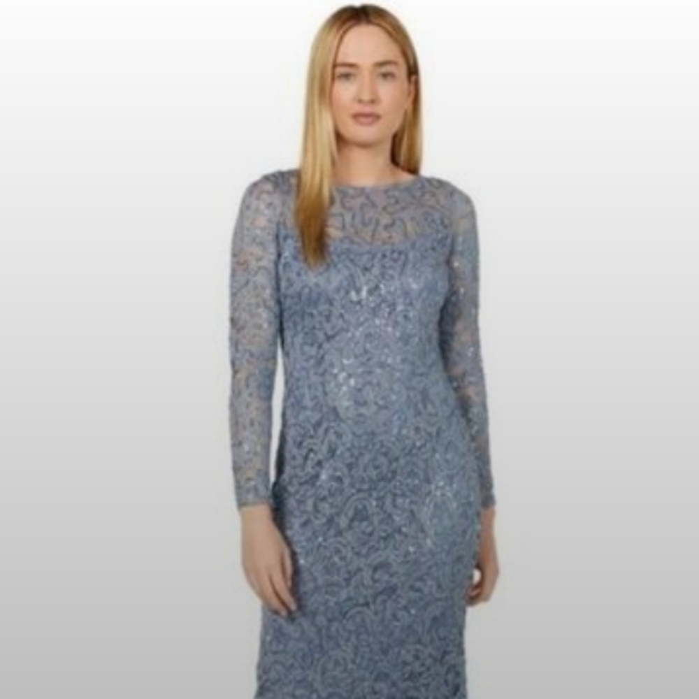 NWT! MARINA Elegant Blue Lace Evening Gown (M) MSRP $150 - Picture 6 of 9